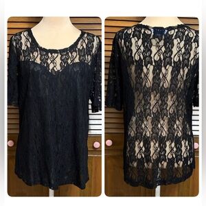 BFA Classics Black Lace Semi Sheer Women's Short Sleeve Loose Top Blouse Size L